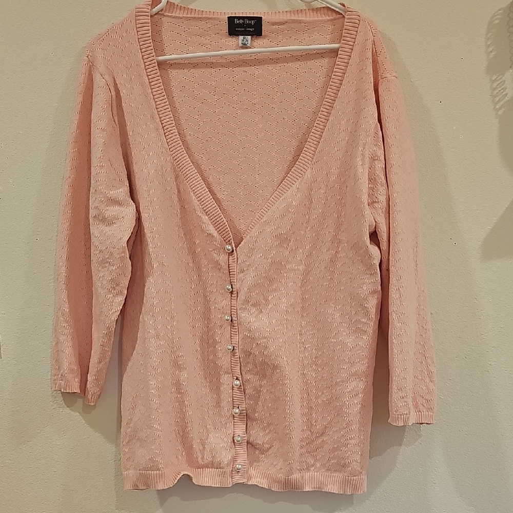 Unique Vintage Pale Pink Knit Cardigan with Pearl Buttons